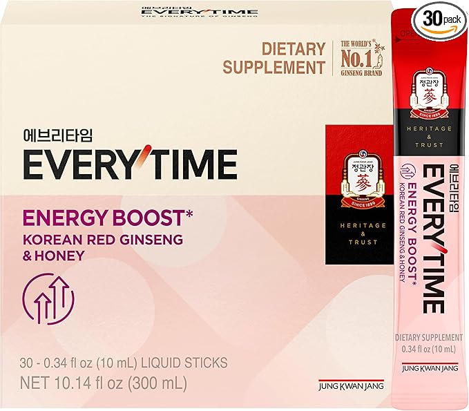 Everytime Energy Boost Korean Red Ginseng Extract 1,000mg & Honey - Vegan Ginseng Energy Drink Liquid Stick Supplements - Builds Stamina & Immunity No Caffeine (30 Sticks, 0.34 fl oz)