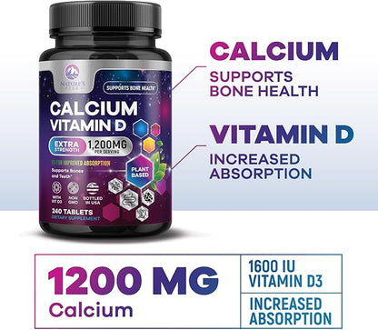 Calcium 1200 mg with Vitamin D3, Calcium Supplement Vitamins, Bone, Teeth & Immune Health Support, Calcium Supplements with D for Women & Men, Nature's Absorbable Calcium Carbonate - 240 Tablets