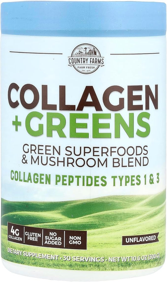 COUNTRY FARMS Collagen Peptides Powder with Greens Dietary Powder Supplement (Type I, III) for Skin Hair Nail and Joints, Dairy/Gluten/Sugar Free, Energizing Superfoods, Natural, 10.6 Oz 30 Servings