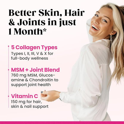 Venture Pal Multi Collagen Protein Powder - Hydrolyzed Collagen Peptides Type I, II, III, V, X + MSM, GC & Vitamin C | Unflavored Collagen Supplement | Hair, Skin, Nail & Joint Support | Non-GMO
