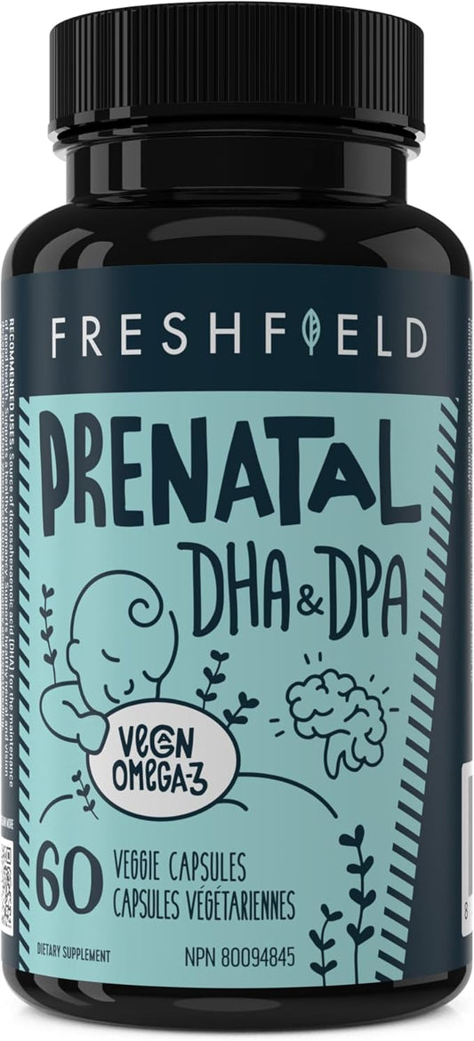 Freshfield Vegan Omega 3 DHA: Sustainable, Carrageenan Free, Third Party Tested, Compostable Bottle, Carbon Neutral. Supports Heart, Brain, Joint Health w/DPA (Prenatal 60 Count (Pack of 1))