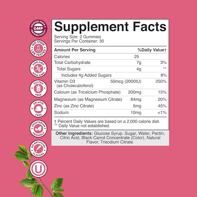Calcium Magnesium Zinc Gummies - Magnesium Zinc Calcium Supplement Gummies with Vitamin D3 for Teeth and Bone Health - Certified Kosher Non-GMO Gelatin Free & Vegetarian Friendly (2 Month Supply)