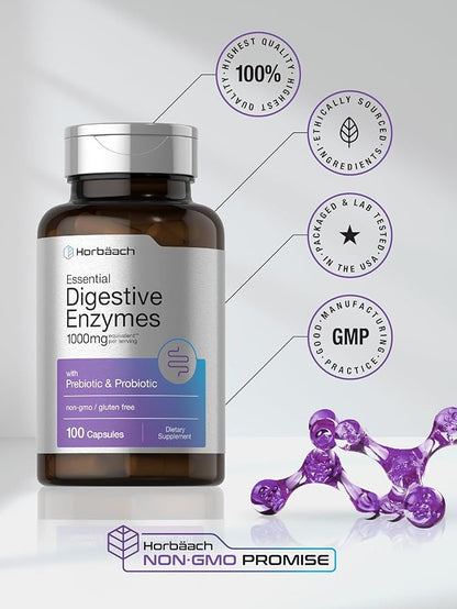 Horbäach Essential Digestive Enzymes | 100 Capsules | Enzyme Blend for Men & Women | Non-GMO & Gluten Free Supplement