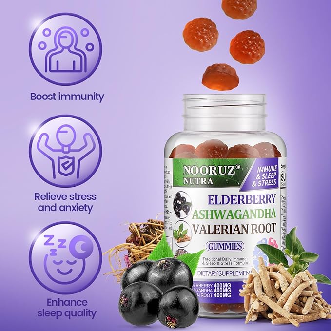 Ashwagandha Elderberry Valerian Root Gummies - Triple-Action Vegan Supplement for Healthy Cortisol Levels,Sleep Support - Non-GMO, Plant-Based, Gluten-Free, Gelatin-Free Vitamins