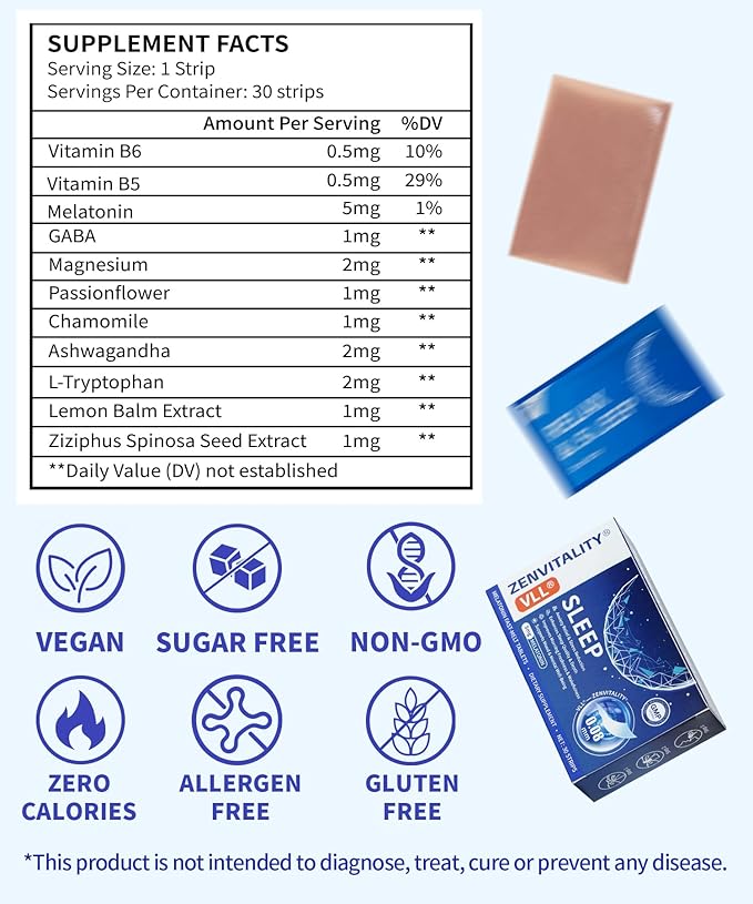 Melatonin Oral Sleep Strips 5 mg melatonin Fast-Melt Sleep Oral Strips Powerful Sleep Aid Supplement with L-Tryptophan|Vitamin B6|B5|GABA|Magnesium|11 Sleep Support Factors Blueberry Flavor