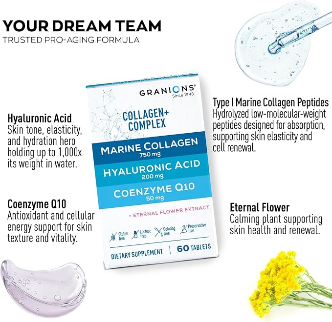 Marine Collagen Pills Complex – 750mg Hydrolyzed Marine Collagen Peptides, 200mg Hyaluronic Acid Supplement, Coenzyme Q10 CoQ10, Eternal Flower Hydration, Age Defense Supplements - 60 Sealed Tablets