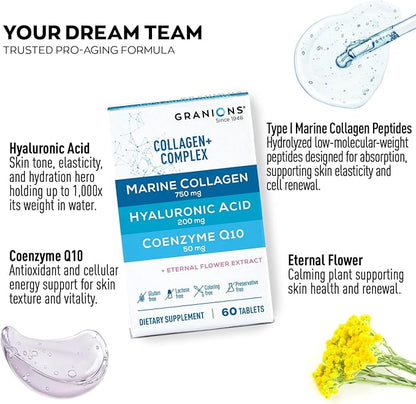 Marine Collagen Pills Complex – 750mg Hydrolyzed Marine Collagen Peptides, 200mg Hyaluronic Acid Supplement, Coenzyme Q10 CoQ10, Eternal Flower Hydration, Age Defense Supplements - 60 Sealed Tablets