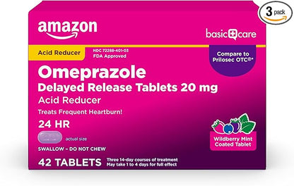 Amazon Basic Care Omeprazole Delayed Release Tablets 20 mg, Acid Reducer, Wildberry Mint Coated Tablet, Heartburn Medicine, 42 Count