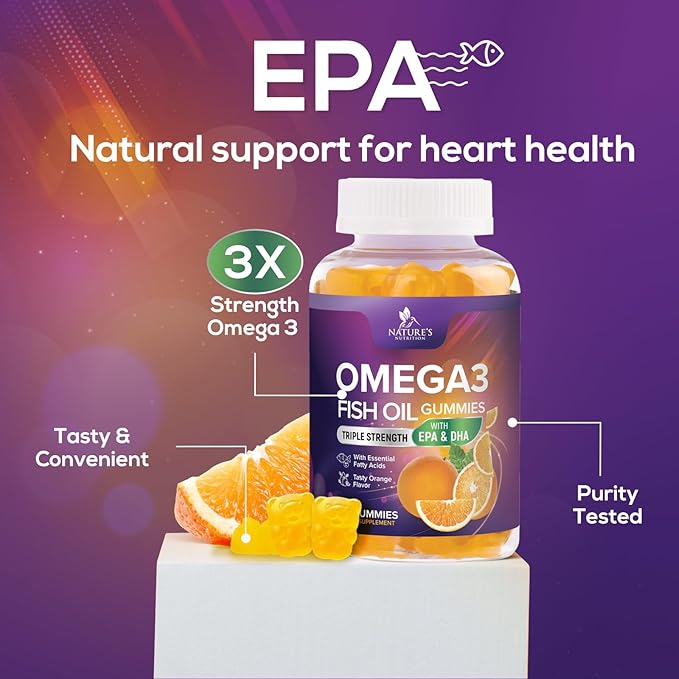 Omega-3 Gummies, Fish Oil Gummies for Adults & Kids, Omega-3 Gummy Vitamins, EPA & DHA Fish Oil Fatty Acids Gummy Supplement, Nature's Supplements for Joint, Heart Health, & Brain Support - 120 Count