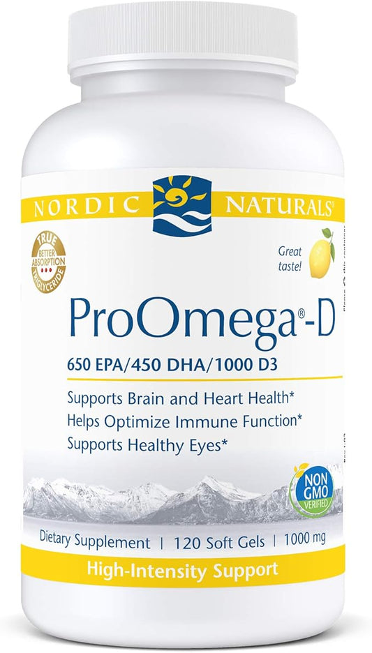 Nordic Naturals ProOmega-D, Lemon Flavor - 120 Soft Gels - 1280 mg Omega-3 + 1000 IU D3 - High-Potency Fish Oil - EPA & DHA - Brain, Eye, Heart, & Immune Health - Non-GMO - 60 Servings