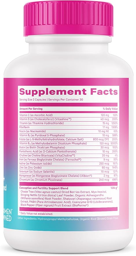 Pink Stork Fertility Supplements for Women - Prenatal Multivitamin with Ovulation, Conception, & Hormone Balance Support - 17 Vitamins & Inositol, Ashwagandha, & Vitex - 60 Capsules