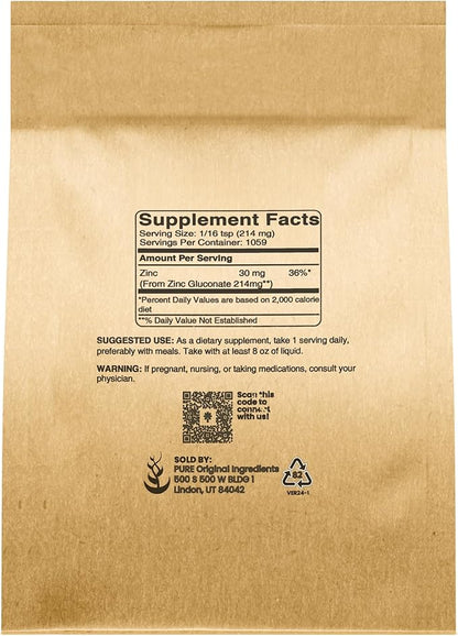 Pure Original Ingredients Zinc Gluconate (8 oz) Dietary Supplement, Always Pure, No Fillers Or Additives