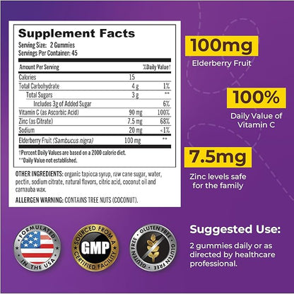 Grab The Gold Immune Elderberry Gummies with Vitamin C and Zinc (1 Bottle = 45 Day Supply) Gluten Free, Vegetarian Friendly