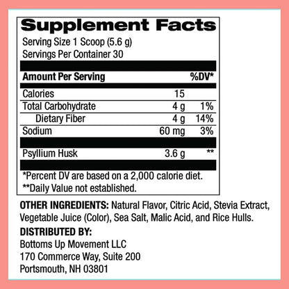 (Bum) Psyllium Husk Fiber Powder, Mixed Berry Flavored Drink with Stevia, Colon Cleanse for Bloating Relief & Digestive Health, Daily Soluble Fiber Supplement, Sugar & Gluten Free, Vegan, 30 Servings