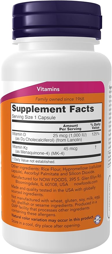 NOW Supplements, Vitamin D-3 & K-2, 1,000 IU/45 mcg,Plus Cardiovascular Support*, Supports Bone Health*, 120 veg Capsules