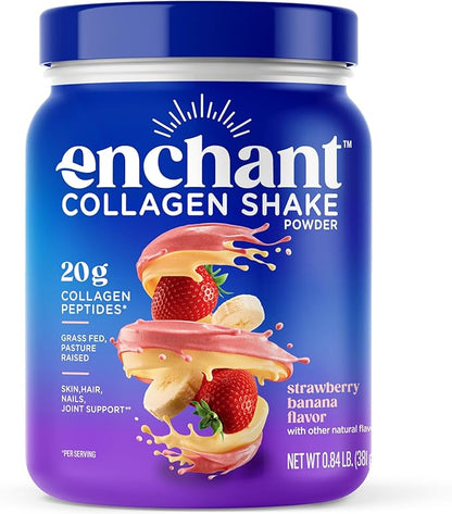 Enchant Collagen Shake powder, Strawberry Banana flavor, 20g Grass Fed Collagen Peptides, blended with Avocado Oil Creamer, source of Omega9 Fats+Fiber, Promotes Hair, Skin,Bone & Joint Health,0.84 lb