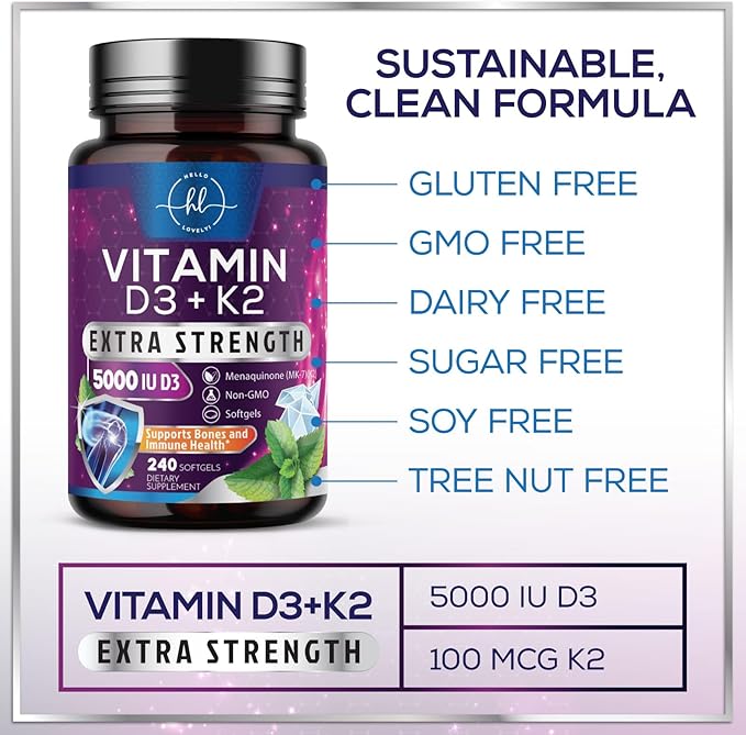 Vitamin D3 K2 - High Potency 5000iu D3 (125mcg) & 100mcg K2 (MK7) for Calcium Absorption, Bone, Teeth, Heart & Immune Support, Easy to Swallow D & K Complex, Non-GMO & Gluten Free - 240 Softgels