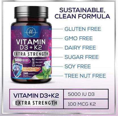 Vitamin D3 K2 - High Potency 5000iu D3 (125mcg) & 100mcg K2 (MK7) for Calcium Absorption, Bone, Teeth, Heart & Immune Support, Easy to Swallow D & K Complex, Non-GMO & Gluten Free - 240 Softgels