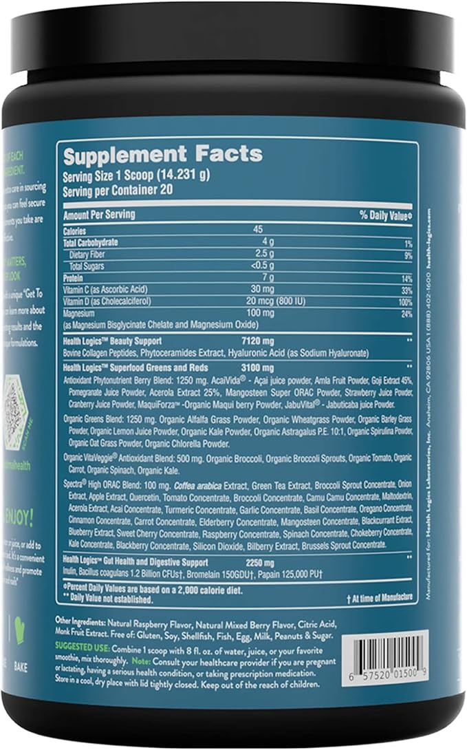 Health Logics Glowing Greens Superfood Powder with Collagen Peptides, Digestive Enzymes, Prebiotics and Probiotics – Antioxidant, Improve Wellness, Immune, Digestive and Gut Health Support
