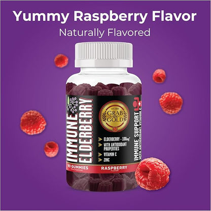 Grab The Gold Immune Elderberry Gummies with Vitamin C and Zinc (1 Bottle = 45 Day Supply) Gluten Free, Vegetarian Friendly
