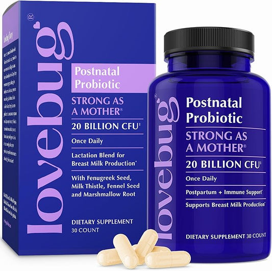 Lovebug Postnatal | Clinically Studied Ingredients for Breast Milk Production & Acid Reflux | Mental & Emotional Support | Glucose Support | Multi Strain 20 Billion CFU | 30 Capsules