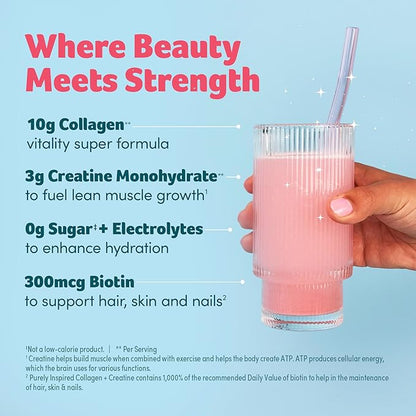 Purely Inspired Collagen and Creatine Powder, Watermelon Strawberry - 10g Collagen & 3g Creatine Builds Lean Muscle - Flavored Drink Mix with Key Electrolytes - Gluten-Free & Zero Sugar