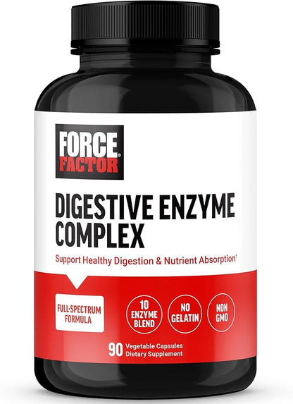 FORCE FACTOR Digestive Enzymes Complex to Support Digestive Health, Gut Health, and Provide Bloating Relief for Women and Men, Full-Spectrum 10 Digestive Enzymes, Non-GMO, 90 Capsules