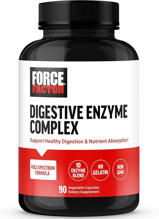 FORCE FACTOR Digestive Enzymes Complex to Support Digestive Health, Gut Health, and Provide Bloating Relief for Women and Men, Full-Spectrum 10 Digestive Enzymes, Non-GMO, 90 Capsules