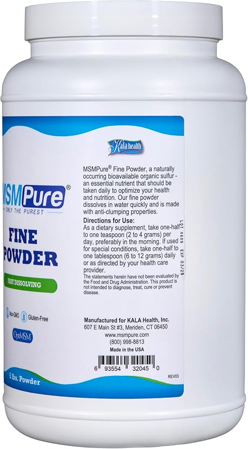 KALA HEALTH MSMPure MSM - 5 lb Fine Powder Crystals, 99.9% Pure Distilled Organic Sulfur Crystals for Joint Health, Skin & Hair.