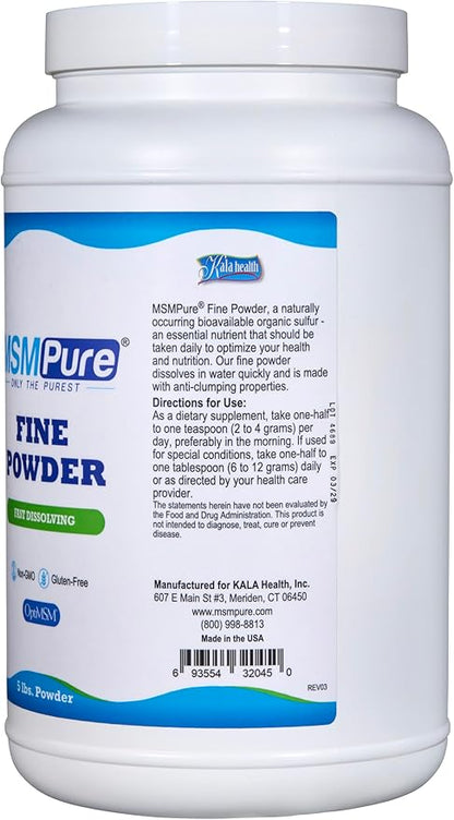 KALA HEALTH MSMPure MSM - 5 lb Fine Powder Crystals, 99.9% Pure Distilled Organic Sulfur Crystals for Joint Health, Skin & Hair.