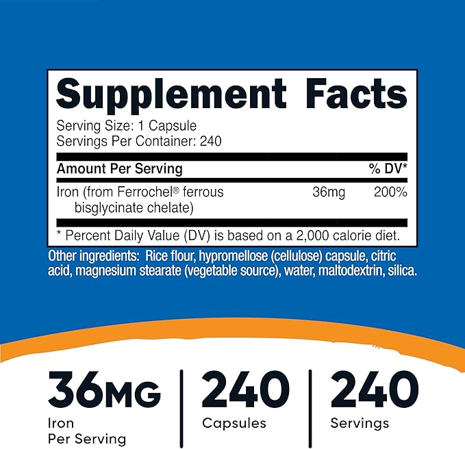 Nutricost Chelated Iron, As Ferrochel, 36mg, 240 Capsules