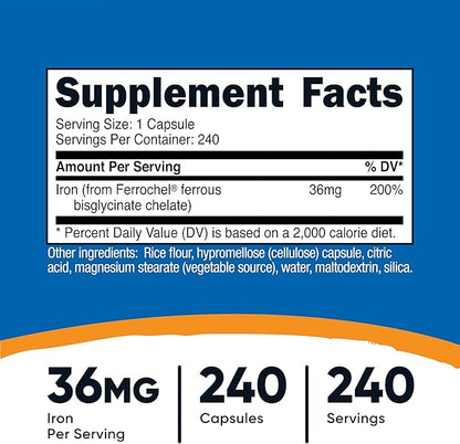 Nutricost Chelated Iron, As Ferrochel, 36mg, 240 Capsules
