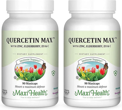 Maxi Health Quercetin 500mg with Zinc 30mg, Vitamin C 1000mg, Vitamin D 2500 IU, Elderberry 125mg - Vegetarian Health Supplement for Adults Kosher Certified - 90 Veggie Capsules (Pack of 2)