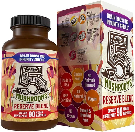 5 Mushrooms Reserve Blend Mushroom Supplement - Lions Mane, Turkey Tail, Reishi, Chaga, Cordyceps - Immune System, Brain, Cognition, Energy, Mood Support