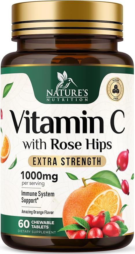 Chewable Vitamin C 1000mg - Extra Strength Antioxidants for Powerful Immune Support w/Vitamin C & Rose HIPS - Potent Dietary VIT C Chews Supplement, Natural, Vegan - Tasty Orange Flavor - 60 Tablets
