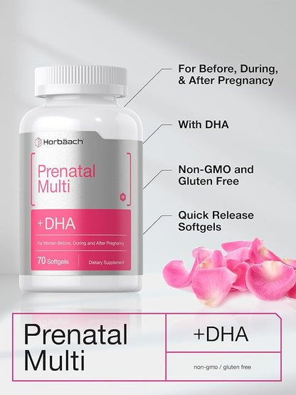 Horbäach Women's Prenatal Multivitamin with DHA, Iron and Folic Acid | 70 Softgels | Non-GMO & Gluten Free