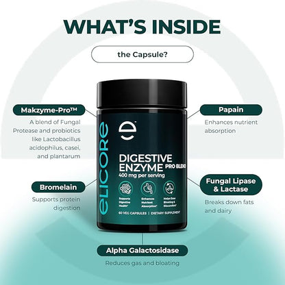 Digestive Enzyme Pro Blend with Bromelain & Papaya Enzyme – Gas and Bloating Relief for Women and Men, Gut & Digestive Health Supplement – Gluten-Free – 60 Veg Capsules