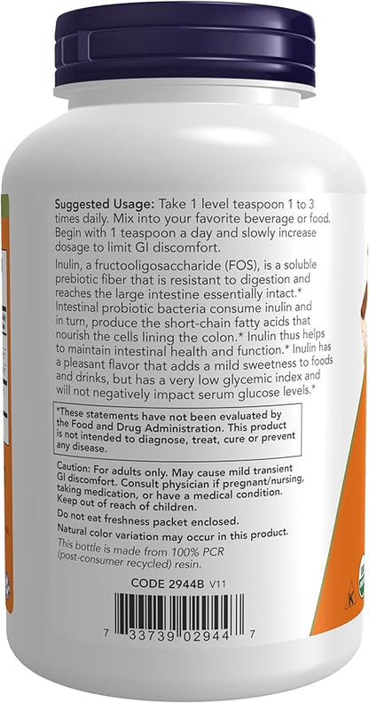 NOW Foods Supplements, Inulin Prebiotic Pure Powder, Certified Organic, Non-GMO Project Verified, Intestinal Support*, 8-Ounce