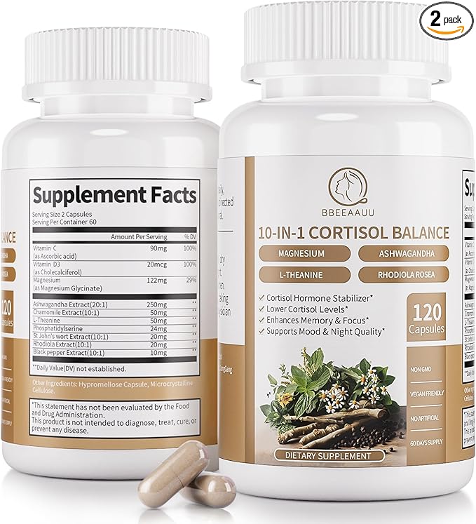 2 Pack Cortisol Supplements for Women & Men - 10-in-1 Cortisol Reducer Manager Detox with Ashwagandha, Magnesium - Lower High Cortisol Levels, Relaxation & Night Support, Non-GMO, 120 Capsules