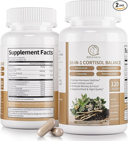 2 Pack Cortisol Supplements for Women & Men - 10-in-1 Cortisol Reducer Manager Detox with Ashwagandha, Magnesium - Lower High Cortisol Levels, Relaxation & Night Support, Non-GMO, 120 Capsules
