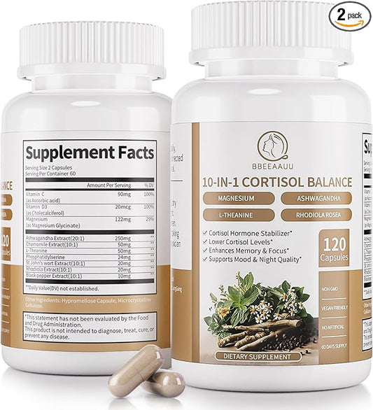 2 Pack Cortisol Supplements for Women & Men - 10-in-1 Cortisol Reducer Manager Detox with Ashwagandha, Magnesium - Lower High Cortisol Levels, Relaxation & Night Support, Non-GMO, 120 Capsules