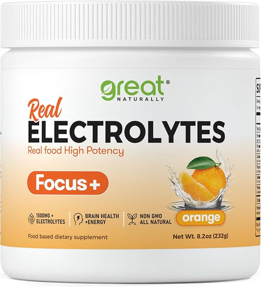 Focus+ Orange Nootropic Electrolyte: Hydration & Brain Support for Cognitive Enhancement, Memory, Concentration - Citicoline, Organic Caffeine, Methyl B12 - Made in USA