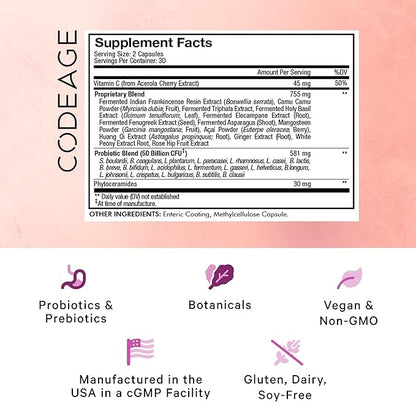 Codeage Skin Probiotics + Prebiotics - Skin Care Routine Supplement - 50 Billion CFU - Ayurvedic Botanical Herbs - Face Probiotics - Shelf Stable Cleanser, Non-GMO, Vegan - 60 Capsules