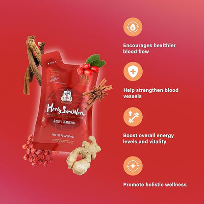 JungKwanJang HongSamWon Korean Red Ginseng Herbal Drink | Energy Drink, Pre Workout, Ginseng Supplement, Herbal Tea | Korean Red Ginseng Extract, Jujube, Ginger, Cinnamon | Vegan Friendly | 20 Count