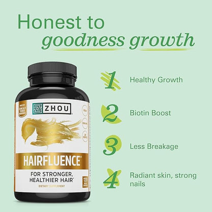 Zhou Hairfluence - Vegan Biotin Supplement for Hair Growth for Men & Women, Supports Stronger, Healthier Hair, Nails, & Glowing Skin with B Vitamin Complex -120 Veggie Capsules (Pack of 1)