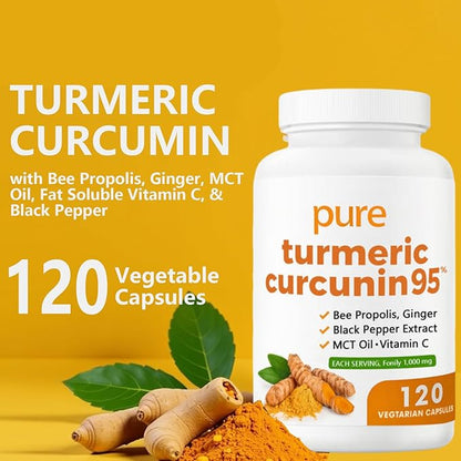 Turmeric Curcumin Supplement 1000mg - 95% Turmeric Complex Supplement with Bee Propolis, Ginger, MCT Oil, Fat Soluble Vitamin C, & Black Pepper, Non-GMO, Gluten Free, 120 Capsules