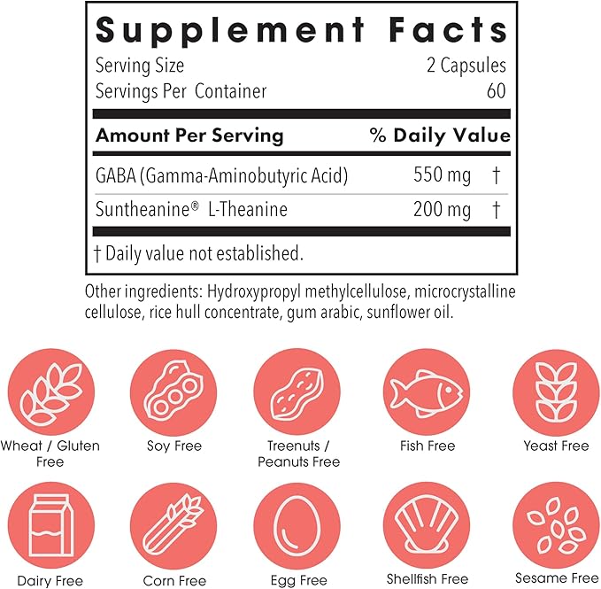 Allergy Research Group 200mg of Zen Supplement - GABA, L-Theanine, Calmness Support, Day or Night, Hypoallergenic, Vegetarian Capsules - 120 Count