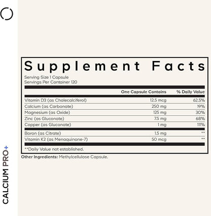 Codeage Calcium 250mg Supplement, Vitamin D3, Magnesium, Zinc, Copper, Boron, Vitamin K2-2-Month Supply - Elemental Calcium Pills & High Calcium Vitamins, Non-GMO - 120 Capsules