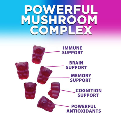 Mushroom Supplement Gummy - 12 in 1 Mushroom Complex with Lions Mane, Reishi, Cordyceps, Chaga & Turkey Tail, Immune Support & Nootropic Supplements for Memory, Brain, Energy & Focus - 60 Gummies