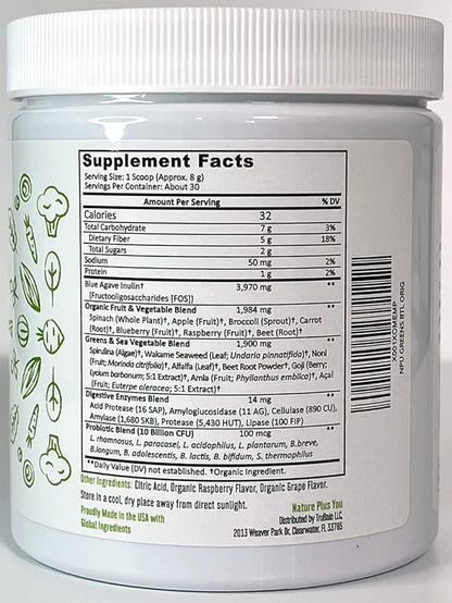 Super Greens Powder Organic Blend: Non-GMO Supplement, Includes Spirulina, Alfalfa, Spinach, Probiotics, Fiber and Digestive Enzymes, No Artificial Sweeteners, 30 Servings